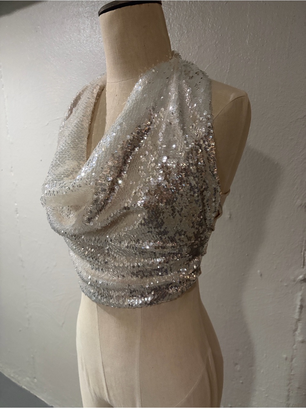 AKIRA Iridescent Sequin Cowl Halter Crop Top - Silver